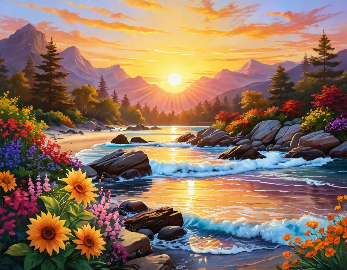 A radiant sun rising over a tranquil landscape, symbolizing joy and new beginnings, with colorful flowers and gentle waves reflecting joy. Include diverse individuals practicing meditation and sharing laughter, surrounded by nature's beauty. Incorporate warm, inviting colors to evoke feelings of contentment and spirituality. super-realistic. vibrant colors.