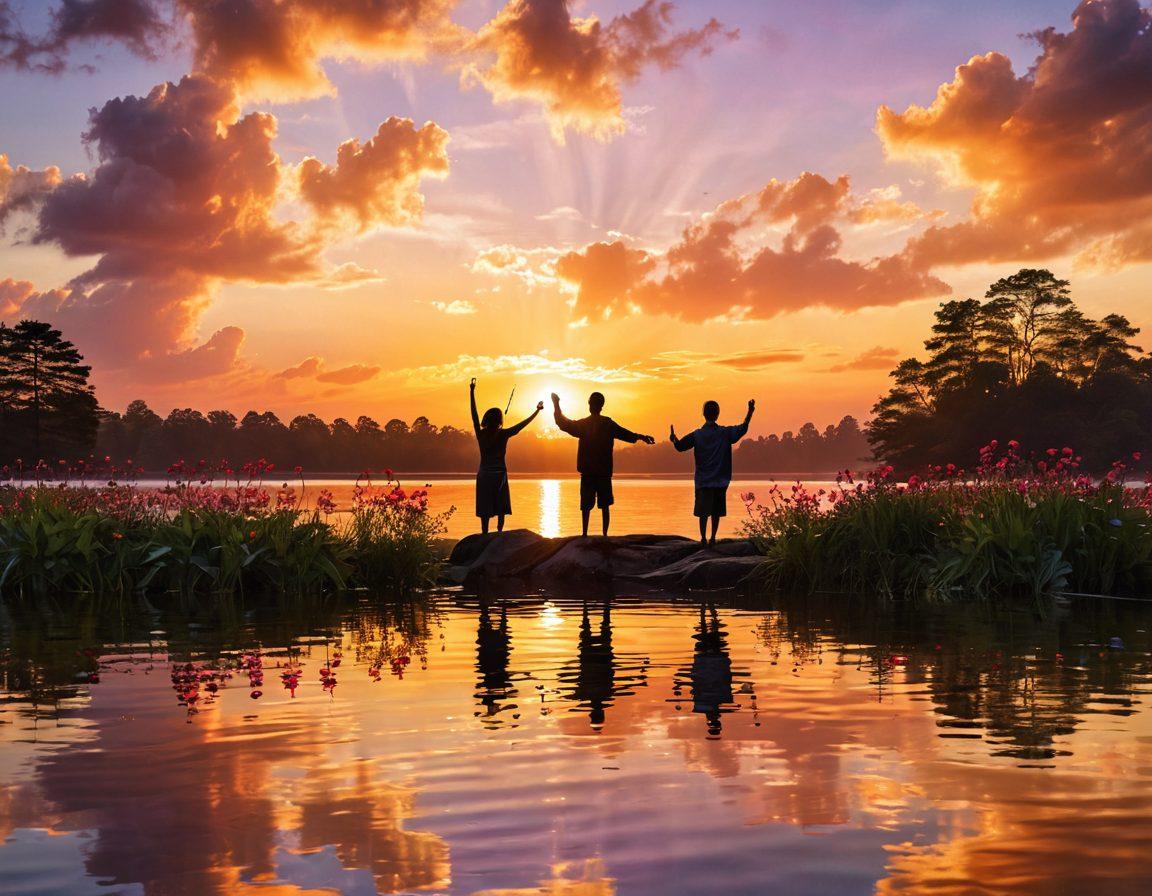 A serene landscape featuring a vibrant sunset over a tranquil lake, with silhouettes of diverse people in joyful poses, reaching towards the sky in worship. Soft rays of light break through the clouds, symbolizing elation and peace. Subtle blooming flowers in the foreground and gentle ripples on the water add to the calming atmosphere. Inspire feelings of transcendence and connection. super-realistic. vibrant colors. peaceful ambiance.