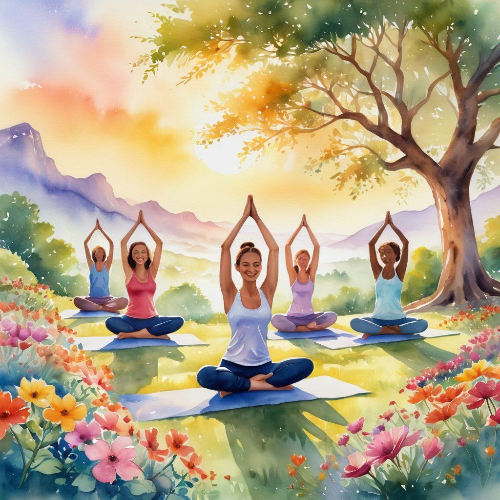 A serene sunrise illuminating a peaceful landscape, with diverse people practicing yoga together, smiling and radiating joy. Bright flowers bloom around them, symbolizing positivity and growth, while soft rays of sunlight gently envelop the scene. The image captures a sense of community and devotion to uplifting practices. watercolor painting. vibrant colors. tranquil atmosphere.